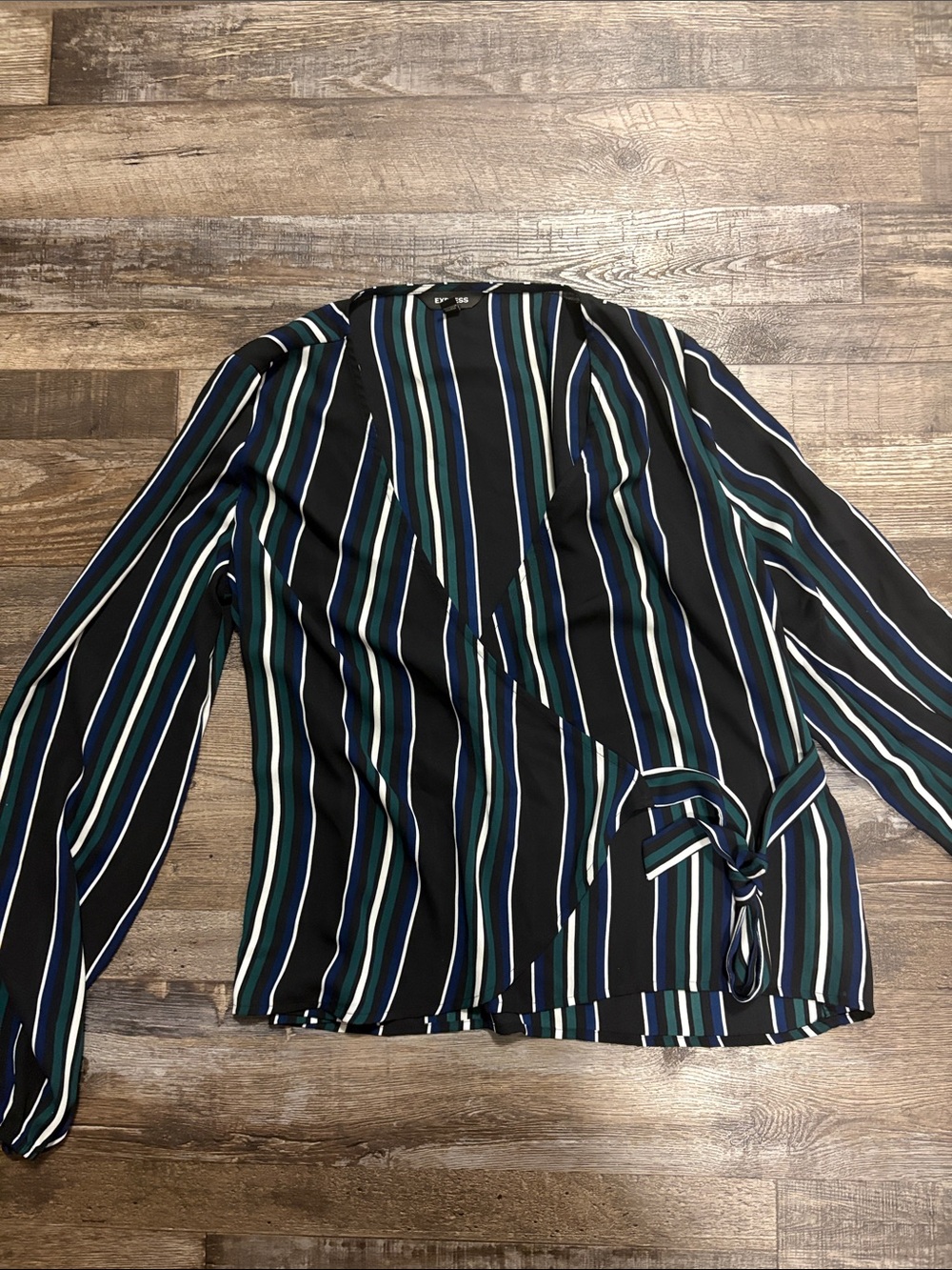 Striped Wrap Blouse in Black, blue, white and green